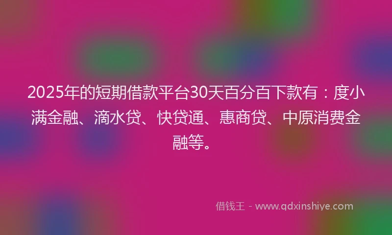 2025年的短期借款平台30天百分百下款有：度小满金融、滴水贷、快贷通、惠商贷、中原消费金融等。