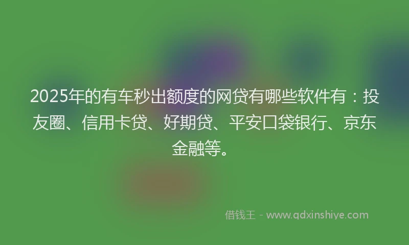 2025年的有车秒出额度的网贷有哪些软件有：投友圈、信用卡贷、好期贷、平安口袋银行、京东金融等。