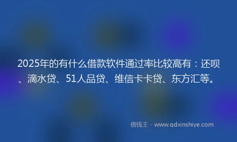 2025年的有什么借款软件通过率比较高有：还呗、滴水贷、51人品贷、维信卡卡贷、东方汇等。