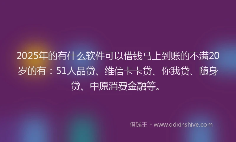 2025年的有什么软件可以借钱马上到账的不满20岁的有：51人品贷、维信卡卡贷、你我贷、随身贷、中原消费金融等。