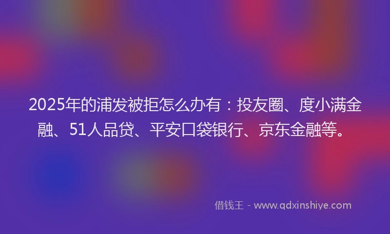 2025年的浦发被拒怎么办有：投友圈、度小满金融、51人品贷、平安口袋银行、京东金融等。
