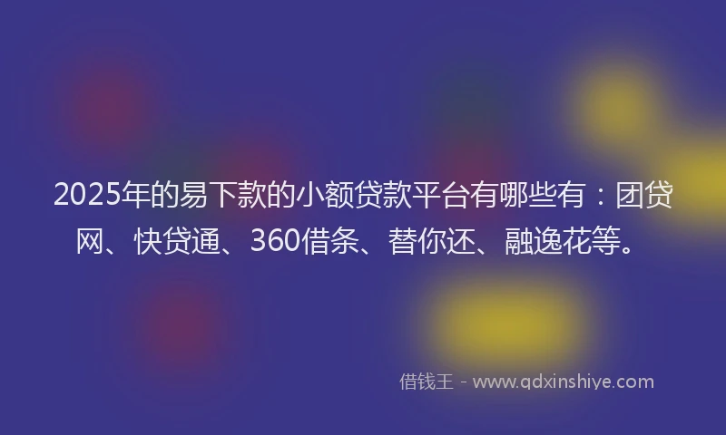 2025年的易下款的小额贷款平台有哪些有：团贷网、快贷通、360借条、替你还、融逸花等。
