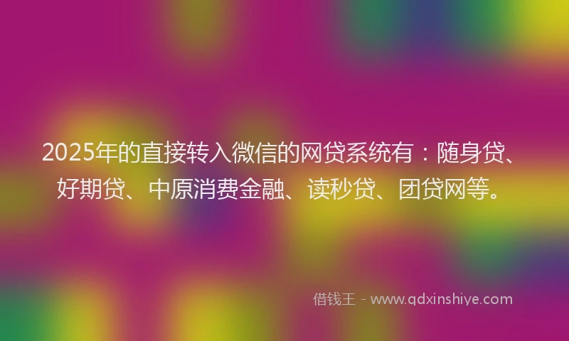 2025年的直接转入微信的网贷系统有：随身贷、好期贷、中原消费金融、读秒贷、团贷网等。