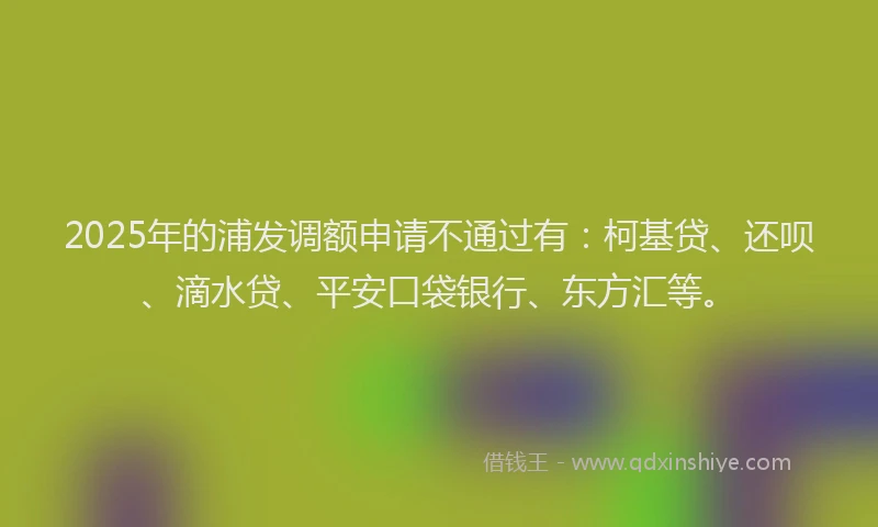 2025年的浦发调额申请不通过有：柯基贷、还呗、滴水贷、平安口袋银行、东方汇等。