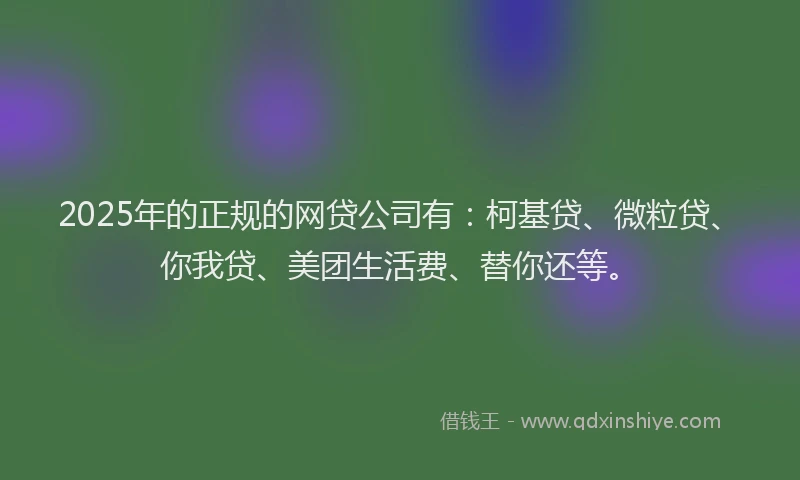 2025年的正规的网贷公司有：柯基贷、微粒贷、你我贷、美团生活费、替你还等。