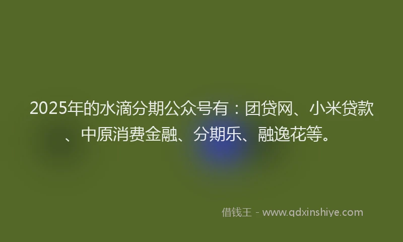 2025年的水滴分期公众号有：团贷网、小米贷款、中原消费金融、分期乐、融逸花等。