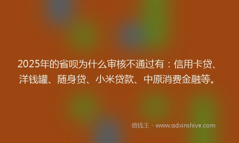 2025年的省呗为什么审核不通过有：信用卡贷、洋钱罐、随身贷、小米贷款、中原消费金融等。
