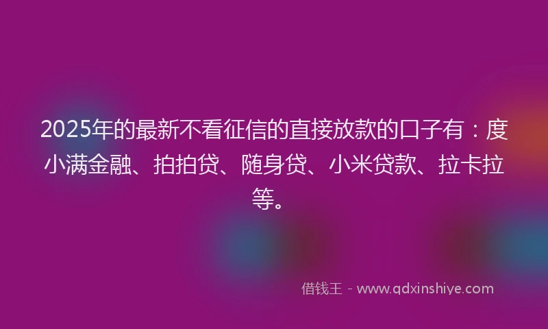 2025年的最新不看征信的直接放款的口子有：度小满金融、拍拍贷、随身贷、小米贷款、拉卡拉等。