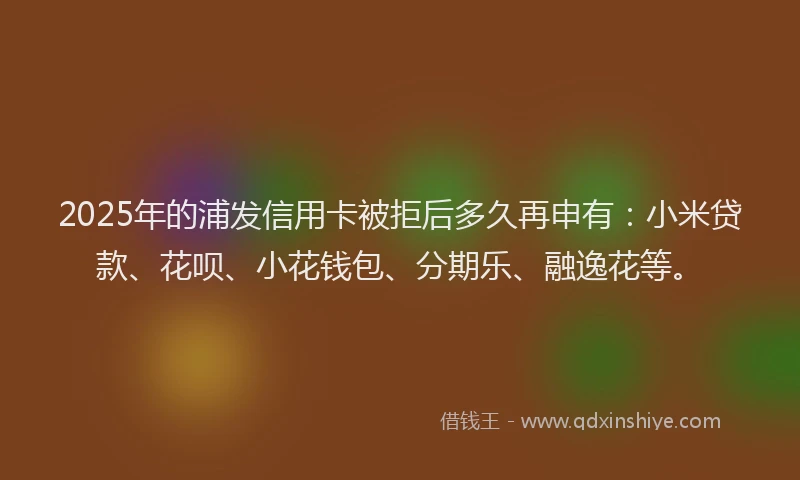 2025年的浦发信用卡被拒后多久再申有：小米贷款、花呗、小花钱包、分期乐、融逸花等。