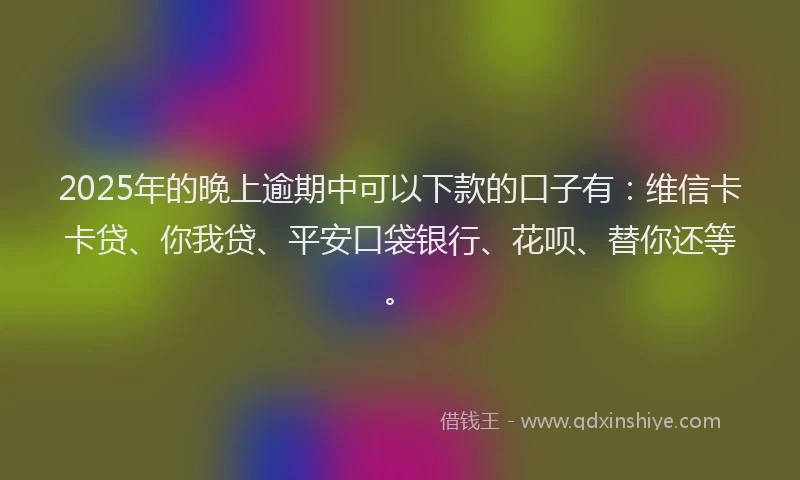 2025年的晚上逾期中可以下款的口子有：维信卡卡贷、你我贷、平安口袋银行、花呗、替你还等。