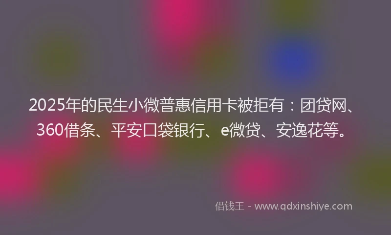 2025年的民生小微普惠信用卡被拒有：团贷网、360借条、平安口袋银行、e微贷、安逸花等。
