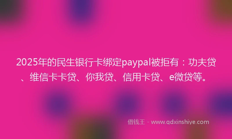 2025年的民生银行卡绑定paypal被拒有：功夫贷、维信卡卡贷、你我贷、信用卡贷、e微贷等。
