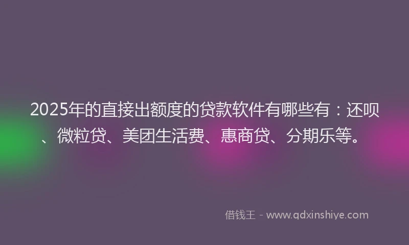 2025年的直接出额度的贷款软件有哪些有：还呗、微粒贷、美团生活费、惠商贷、分期乐等。