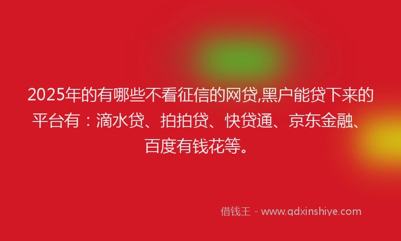 2025年的有哪些不看征信的网贷,黑户能贷下来的平台有：滴水贷、拍拍贷、快贷通、京东金融、百度有钱花等。