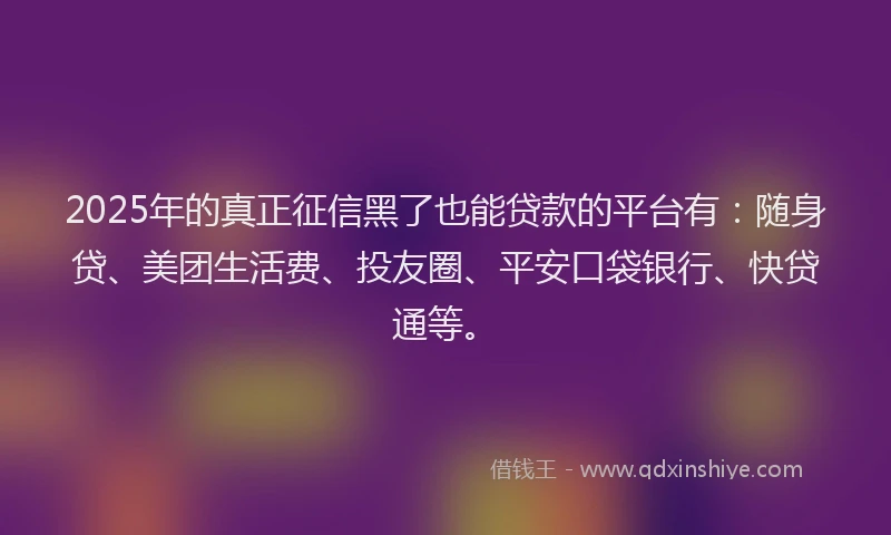 2025年的真正征信黑了也能贷款的平台有：随身贷、美团生活费、投友圈、平安口袋银行、快贷通等。