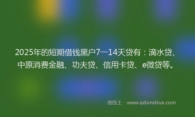 2025年的短期借钱黑户7一14天贷有：滴水贷、中原消费金融、功夫贷、信用卡贷、e微贷等。