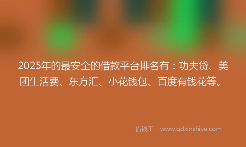 2025年的最安全的借款平台排名有：功夫贷、美团生活费、东方汇、小花钱包、百度有钱花等。
