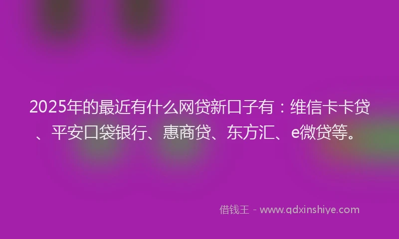 2025年的最近有什么网贷新口子有：维信卡卡贷、平安口袋银行、惠商贷、东方汇、e微贷等。