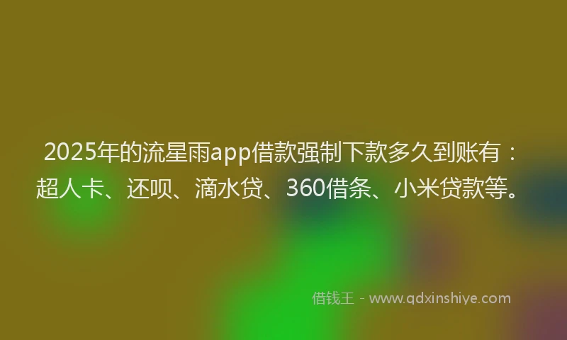 2025年的流星雨app借款强制下款多久到账有：超人卡、还呗、滴水贷、360借条、小米贷款等。