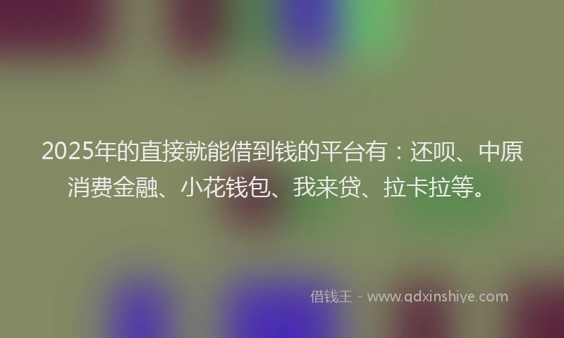 2025年的直接就能借到钱的平台有：还呗、中原消费金融、小花钱包、我来贷、拉卡拉等。