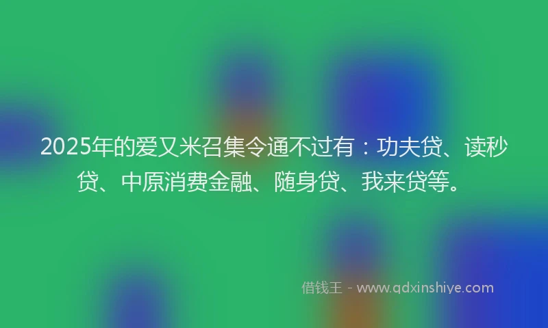 2025年的爱又米召集令通不过有：功夫贷、读秒贷、中原消费金融、随身贷、我来贷等。