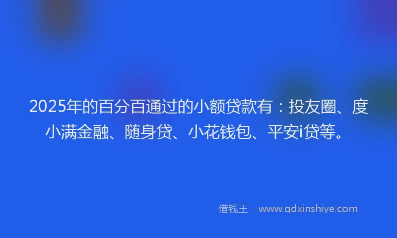 2025年的百分百通过的小额贷款有：投友圈、度小满金融、随身贷、小花钱包、平安i贷等。