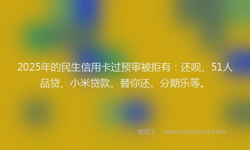 2025年的民生信用卡过预审被拒有：还呗、51人品贷、小米贷款、替你还、分期乐等。