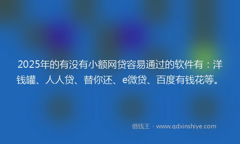 2025年的有没有小额网贷容易通过的软件有：洋钱罐、人人贷、替你还、e微贷、百度有钱花等。