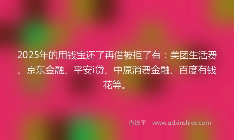 2025年的用钱宝还了再借被拒了有：美团生活费、京东金融、平安i贷、中原消费金融、百度有钱花等。