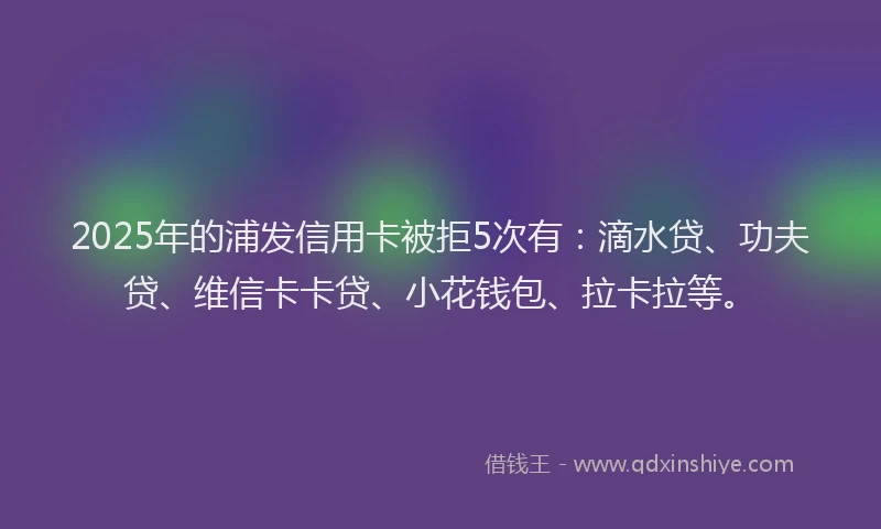 2025年的浦发信用卡被拒5次有：滴水贷、功夫贷、维信卡卡贷、小花钱包、拉卡拉等。