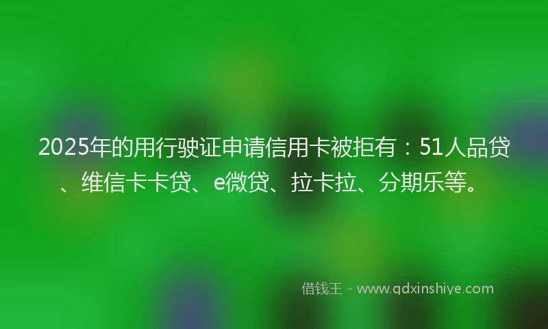 2025年的用行驶证申请信用卡被拒有：51人品贷、维信卡卡贷、e微贷、拉卡拉、分期乐等。