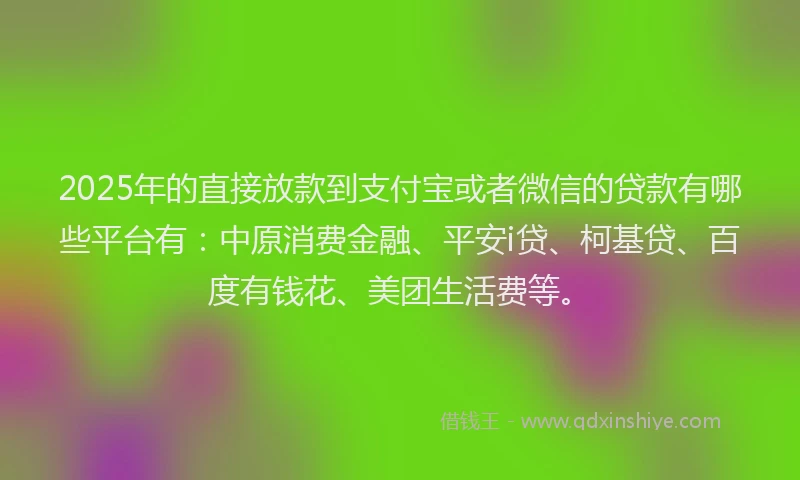 2025年的直接放款到支付宝或者微信的贷款有哪些平台有：中原消费金融、平安i贷、柯基贷、百度有钱花、美团生活费等。