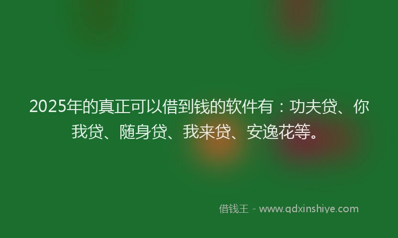 2025年的真正可以借到钱的软件有：功夫贷、你我贷、随身贷、我来贷、安逸花等。
