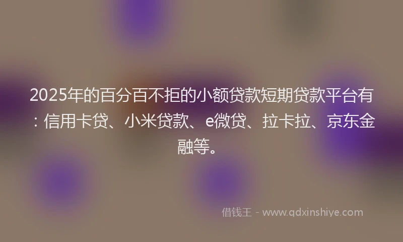2025年的百分百不拒的小额贷款短期贷款平台有：信用卡贷、小米贷款、e微贷、拉卡拉、京东金融等。