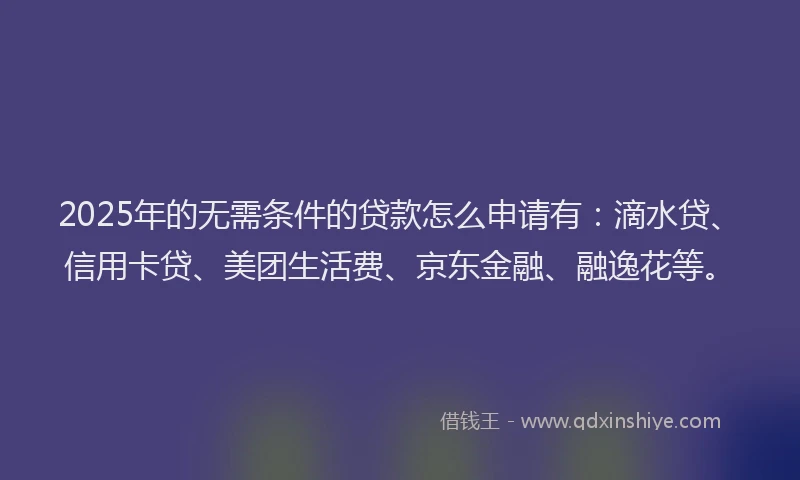 2025年的无需条件的贷款怎么申请有：滴水贷、信用卡贷、美团生活费、京东金融、融逸花等。