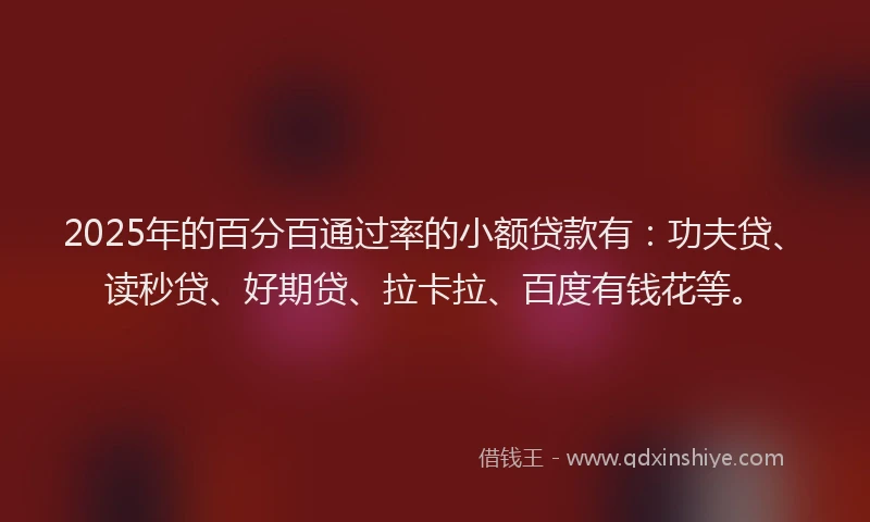 2025年的百分百通过率的小额贷款有：功夫贷、读秒贷、好期贷、拉卡拉、百度有钱花等。