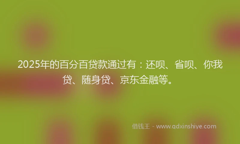 2025年的百分百贷款通过有：还呗、省呗、你我贷、随身贷、京东金融等。