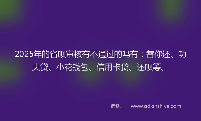 2025年的省呗审核有不通过的吗有：替你还、功夫贷、小花钱包、信用卡贷、还呗等。