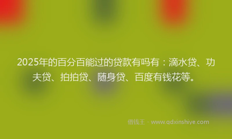 2025年的百分百能过的贷款有吗有：滴水贷、功夫贷、拍拍贷、随身贷、百度有钱花等。