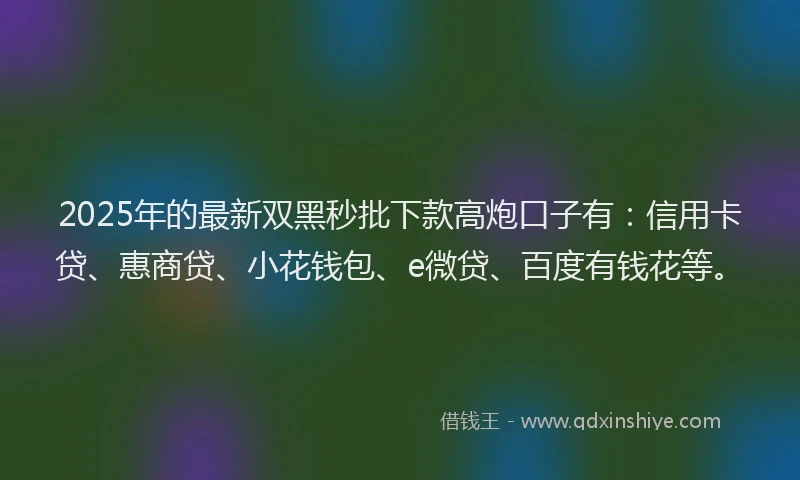 2025年的最新双黑秒批下款高炮口子有：信用卡贷、惠商贷、小花钱包、e微贷、百度有钱花等。