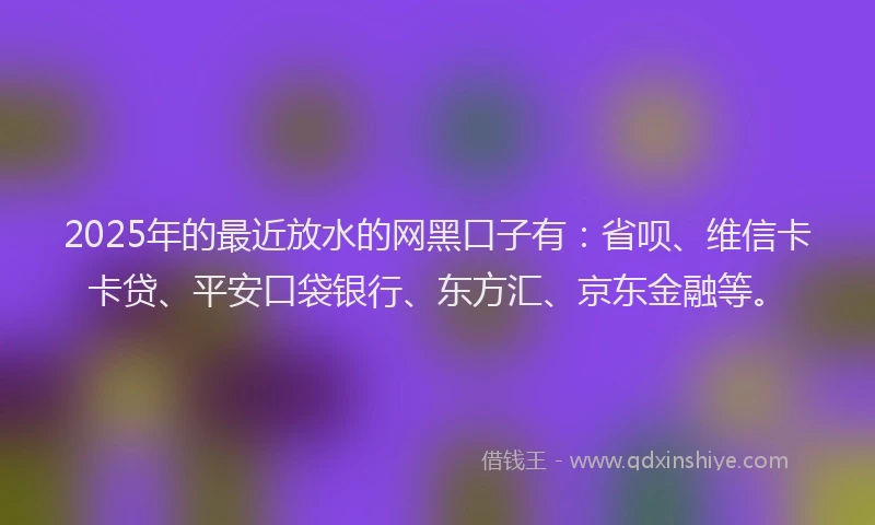 2025年的最近放水的网黑口子有：省呗、维信卡卡贷、平安口袋银行、东方汇、京东金融等。