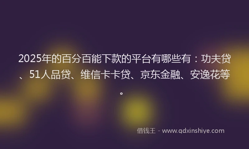 2025年的百分百能下款的平台有哪些有：功夫贷、51人品贷、维信卡卡贷、京东金融、安逸花等。