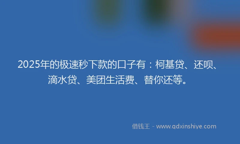 2025年的极速秒下款的口子有：柯基贷、还呗、滴水贷、美团生活费、替你还等。