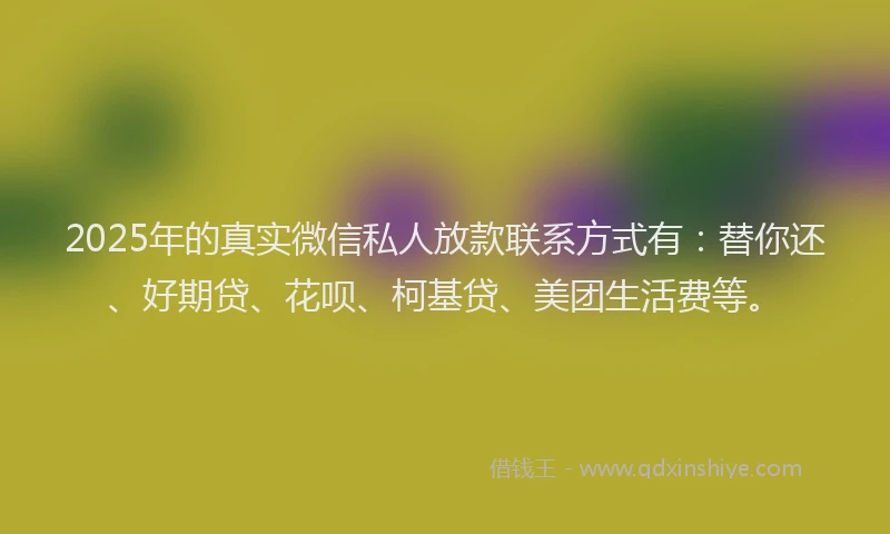 2025年的真实微信私人放款联系方式有：替你还、好期贷、花呗、柯基贷、美团生活费等。