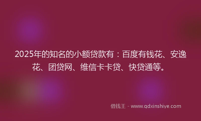 2025年的知名的小额贷款有：百度有钱花、安逸花、团贷网、维信卡卡贷、快贷通等。
