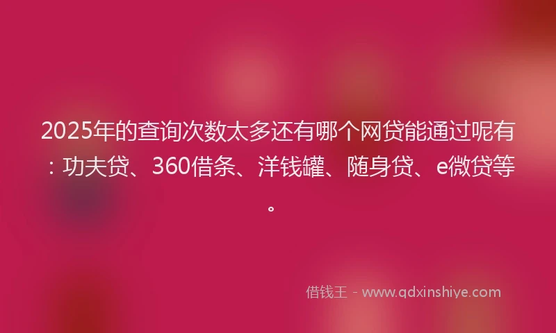 2025年的查询次数太多还有哪个网贷能通过呢有：功夫贷、360借条、洋钱罐、随身贷、e微贷等。