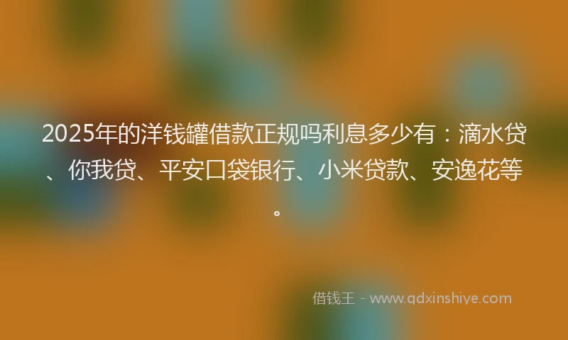 2025年的洋钱罐借款正规吗利息多少有：滴水贷、你我贷、平安口袋银行、小米贷款、安逸花等。