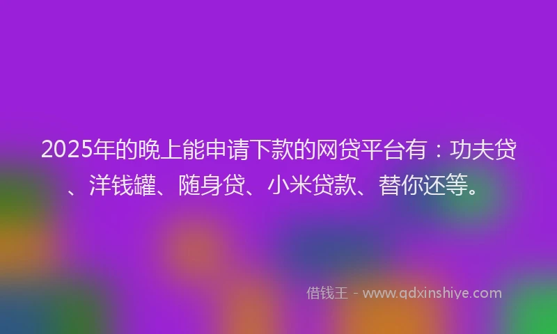 2025年的晚上能申请下款的网贷平台有：功夫贷、洋钱罐、随身贷、小米贷款、替你还等。
