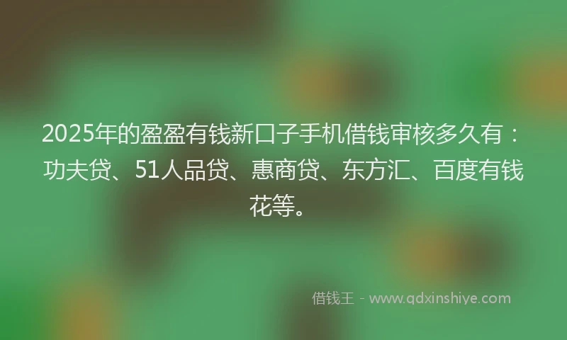 2025年的盈盈有钱新口子手机借钱审核多久有：功夫贷、51人品贷、惠商贷、东方汇、百度有钱花等。