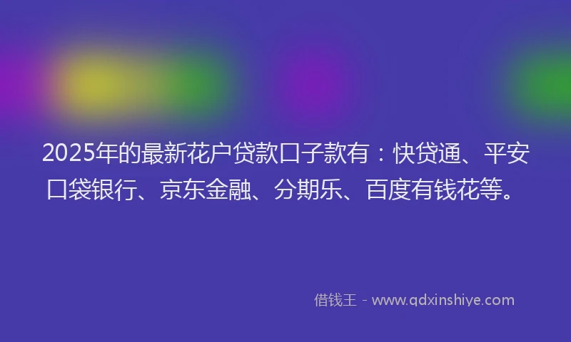 2025年的最新花户贷款口子款有：快贷通、平安口袋银行、京东金融、分期乐、百度有钱花等。